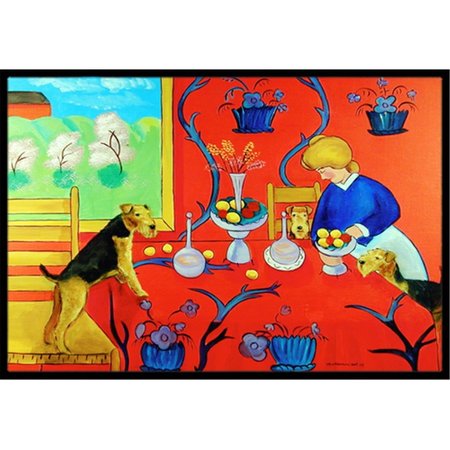 BEYONDBASKETBALL Airedale Terrier with lady in the kitchen Indoor Or Outdoor Mat - 18 x 27 in. BE2549377